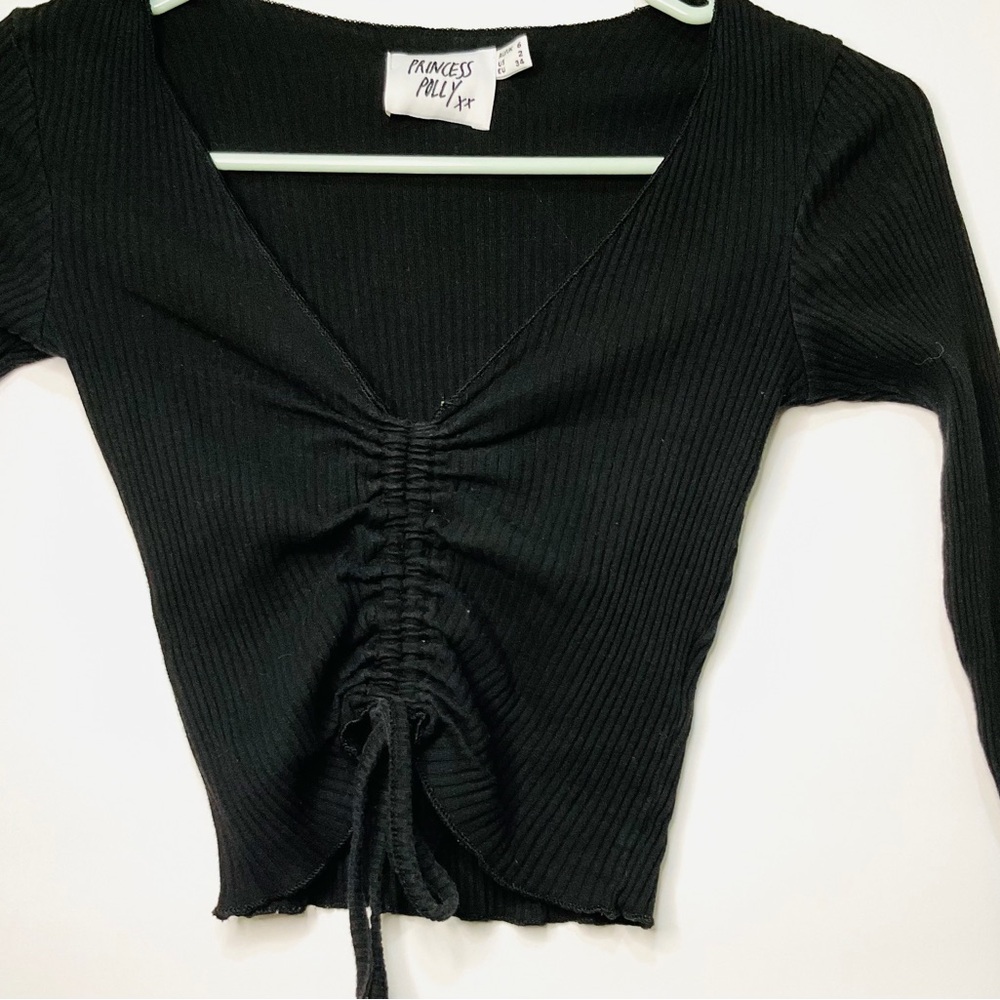Princess Polly Black Ribbed Ruched Crop Top Tie Front Long Sleeve US 2 Y2K